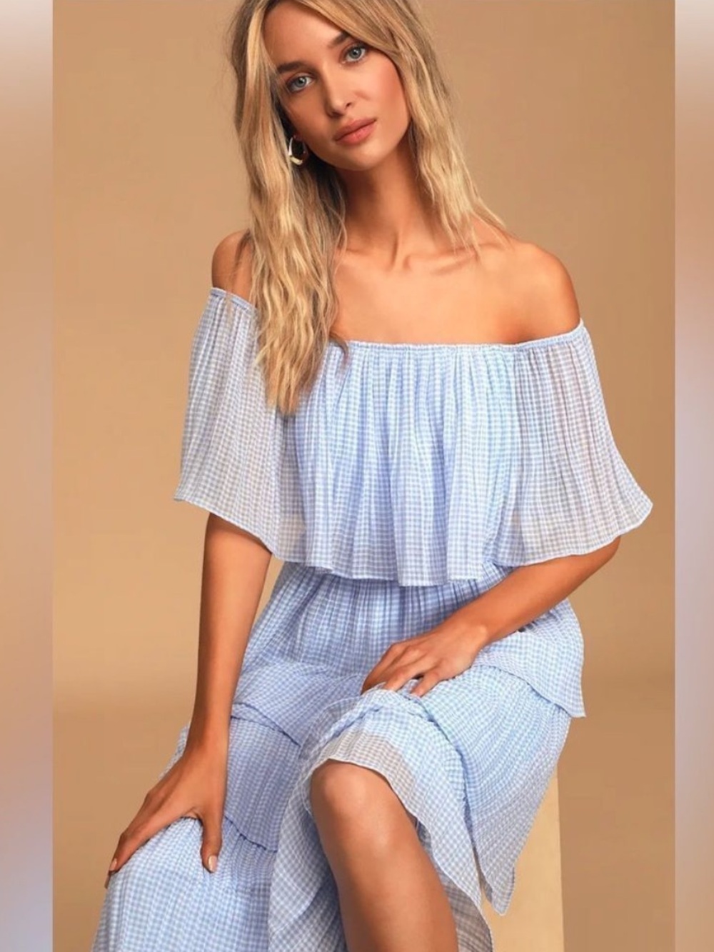 Lulus Gala Ready Light Blue Gingham Tiered Off-the-Shoulder
Ruffle Midi Dress